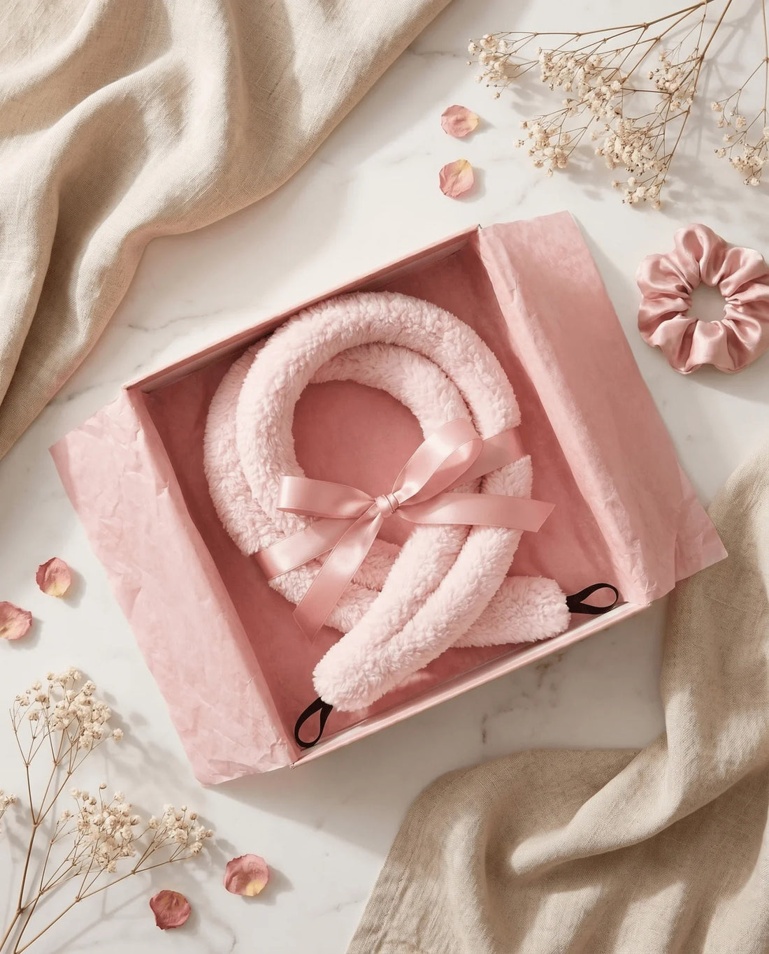 Pink fluffy heatless curlers in gift box with ribbon, ideal for salon-worthy curls overnight
