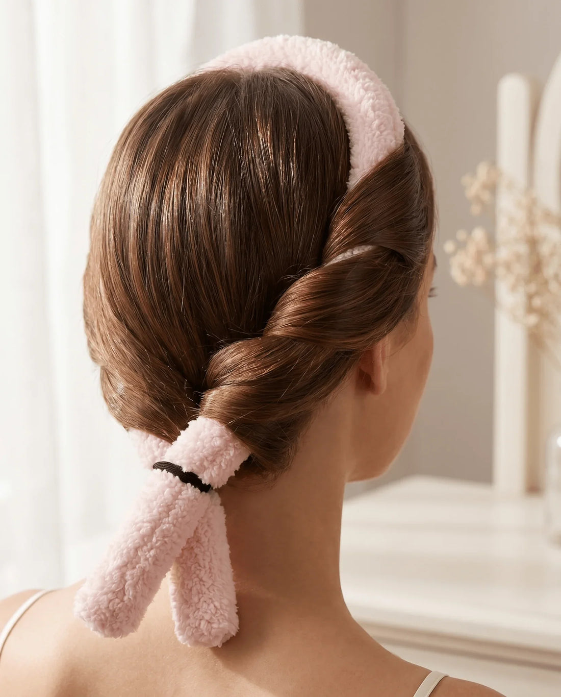 Pink fuzzy hair tie and headband set for heatless curls, soft texture, gentle on all hair types